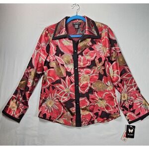 NWT NABI Floral Button Front Blouse XS‎ Red Black Long Sleeve Made Korea
